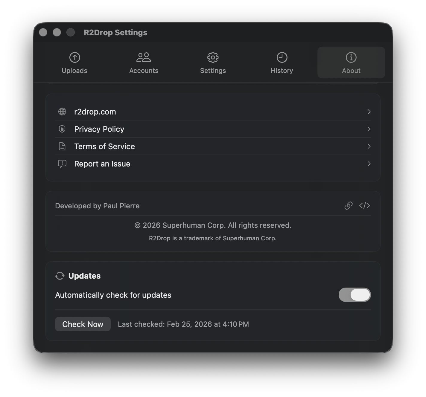 About tab scrolled to show developer info, copyright, and update controls