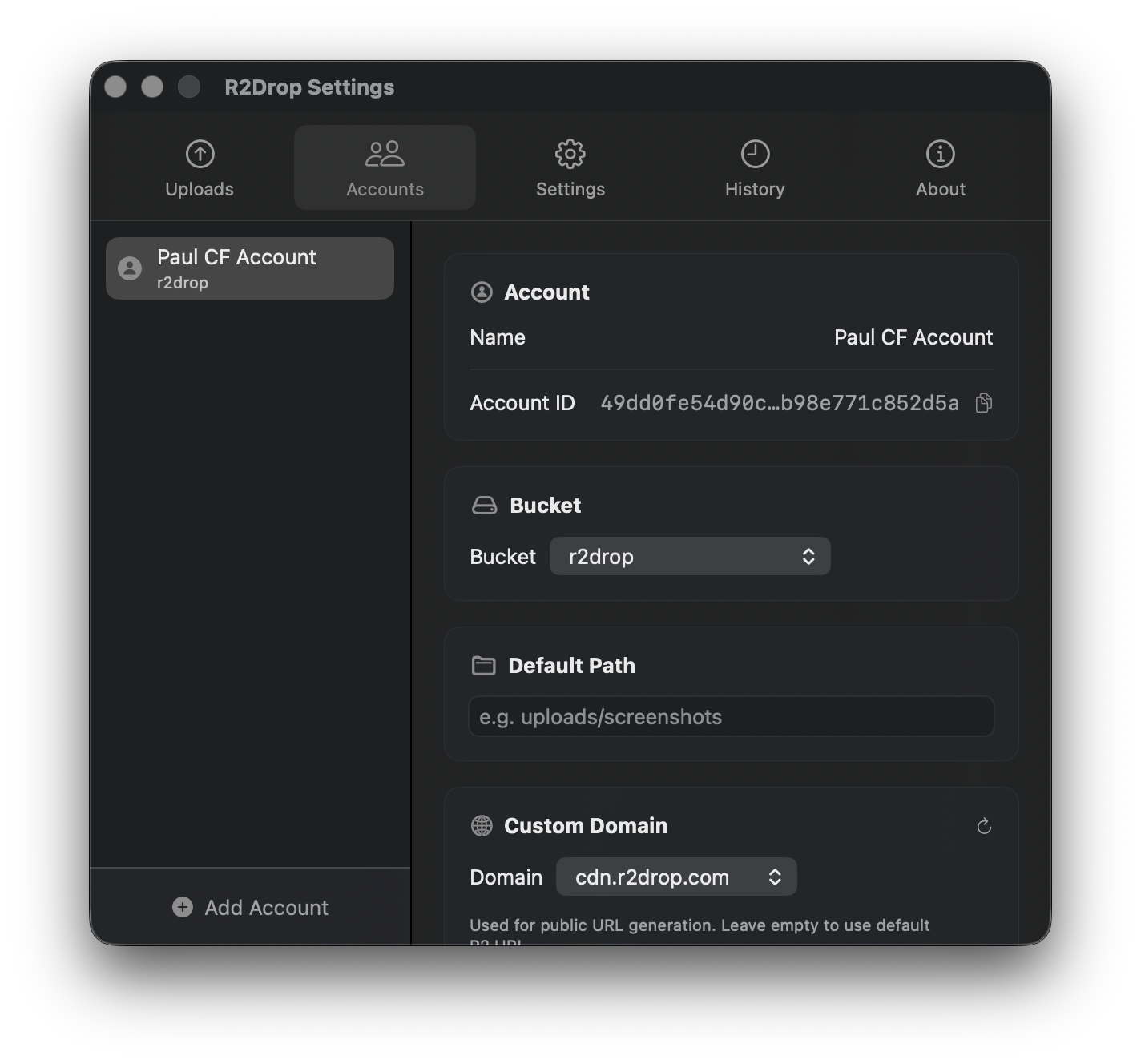 Accounts tab showing a configured account with Account ID, bucket, and custom domain