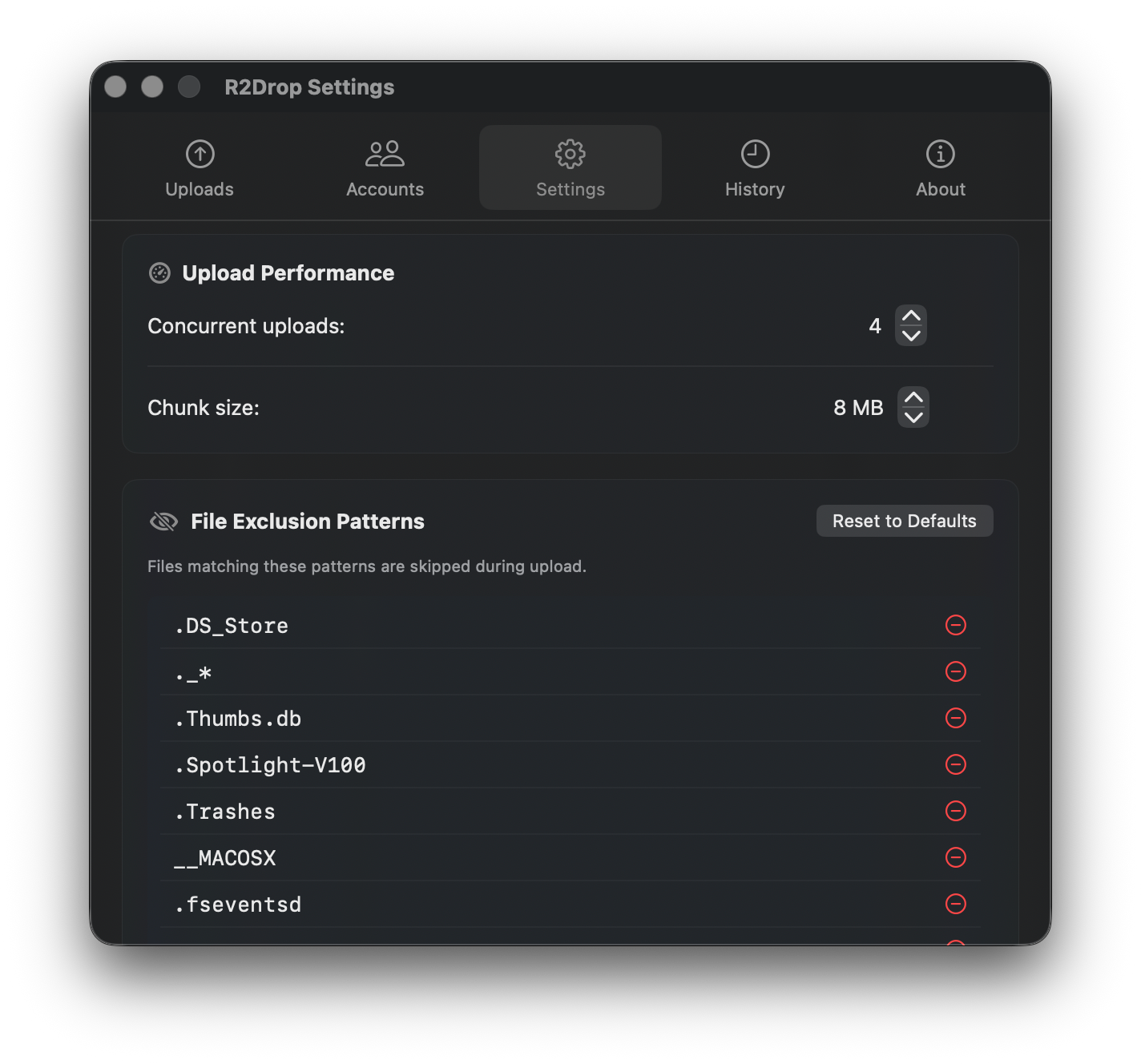 Settings tab showing Upload Performance with concurrent uploads and chunk size controls, plus file exclusion pattern list