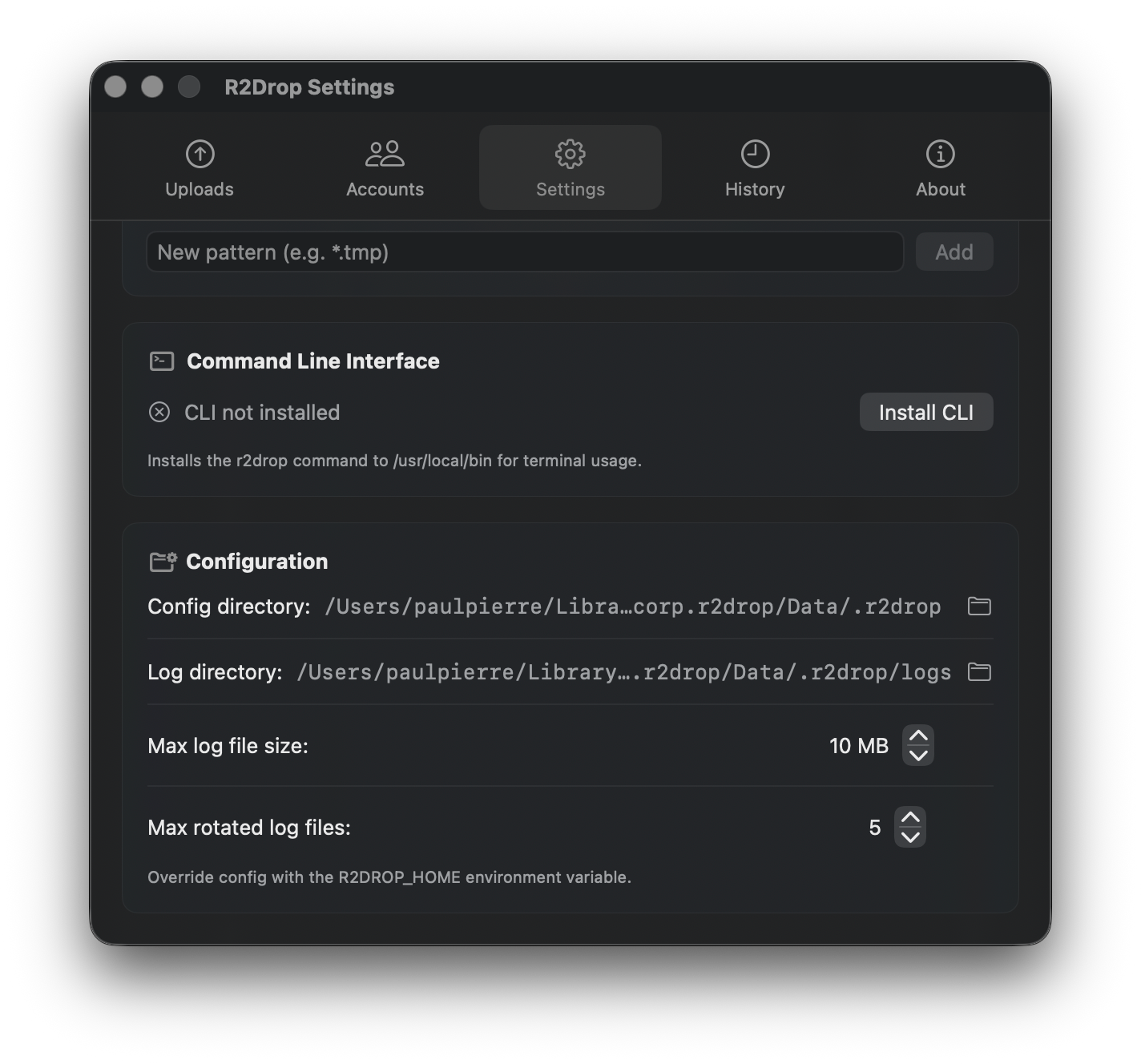 Settings tab showing CLI section with Install CLI button, and Configuration section with config/log directory paths