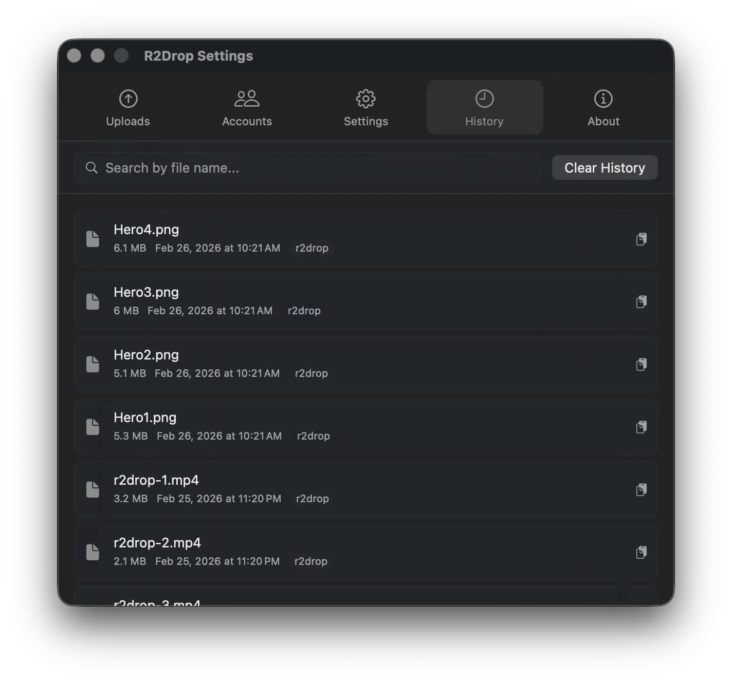 History tab showing list of uploaded files with filenames, sizes, dates, and account names