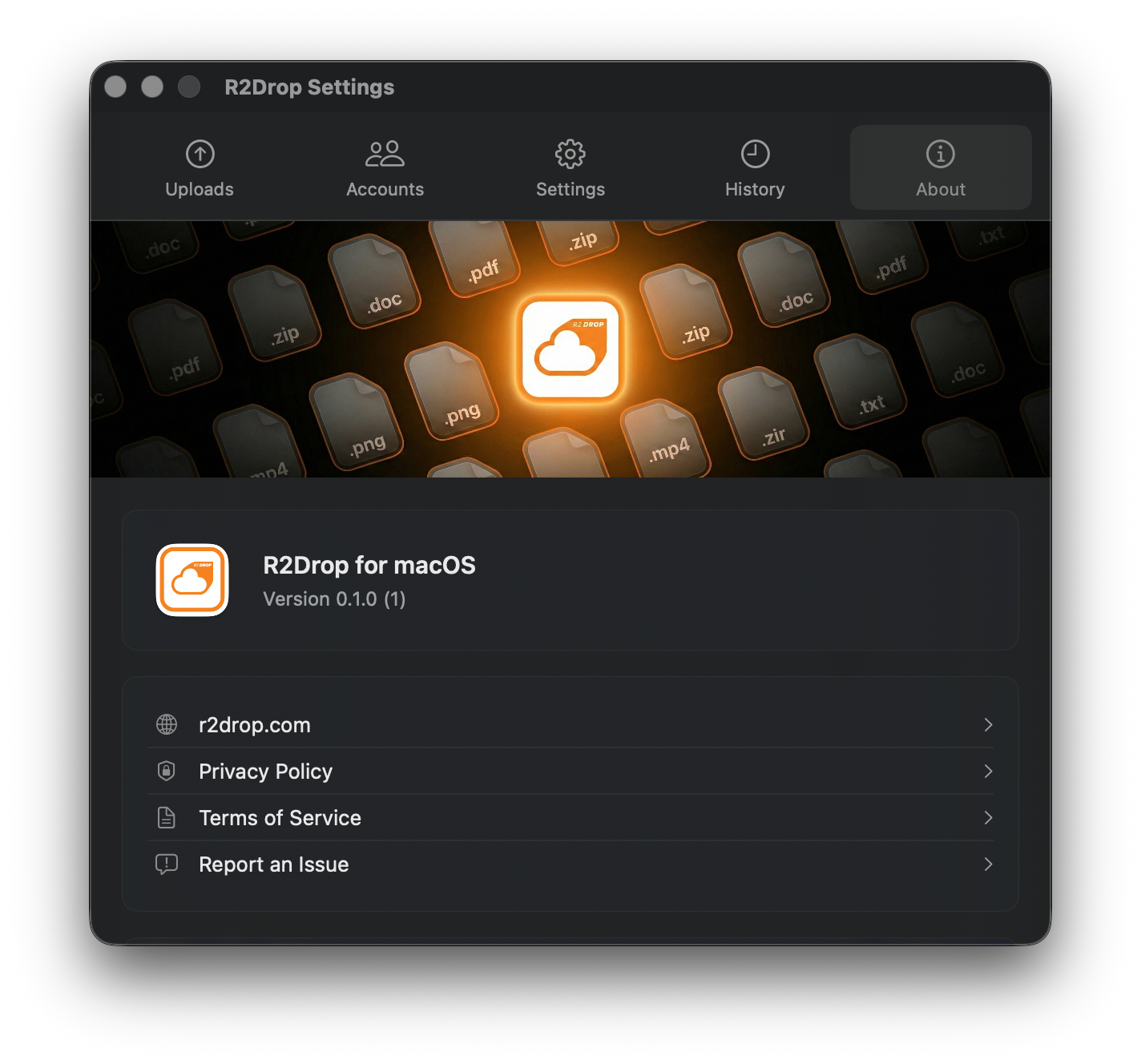 About tab with R2Drop logo, version number, and navigation links